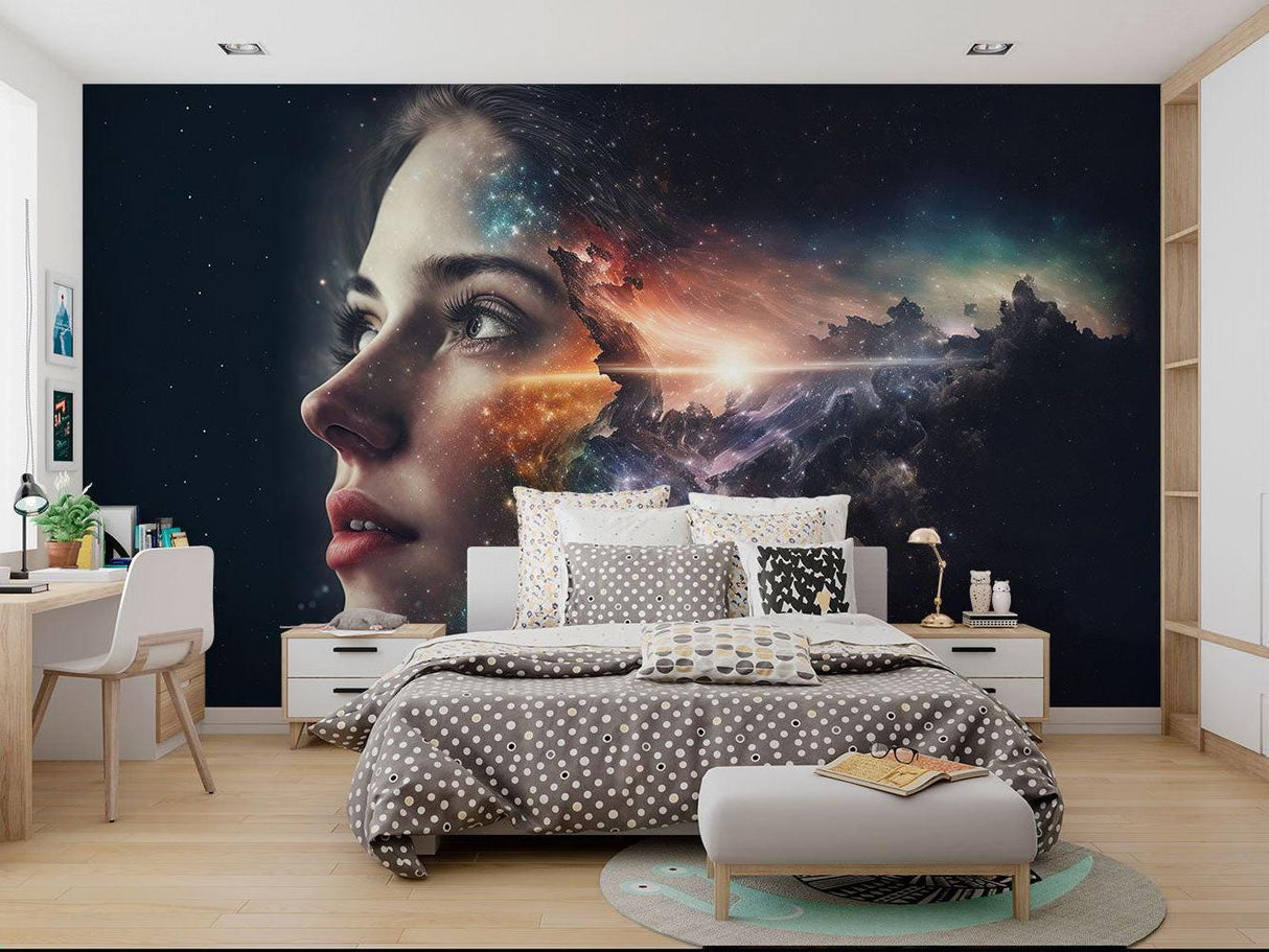 Space wallpaper creating ambiance in meditation room