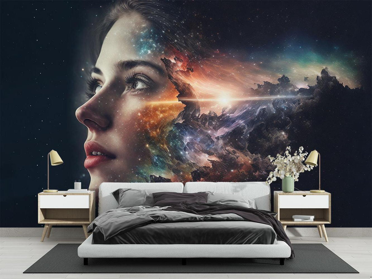 Cosmic wallpaper enhancing modern hallway design