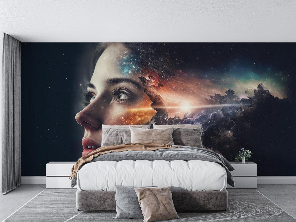 Galaxy nebula mural in gaming room with purple lighting