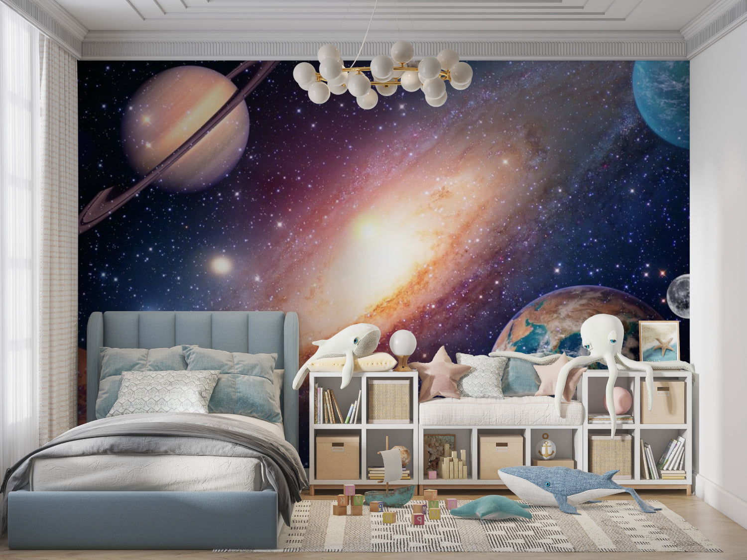 Galaxy space wallpaper in modern kids bedroom with floating bed and LED lights