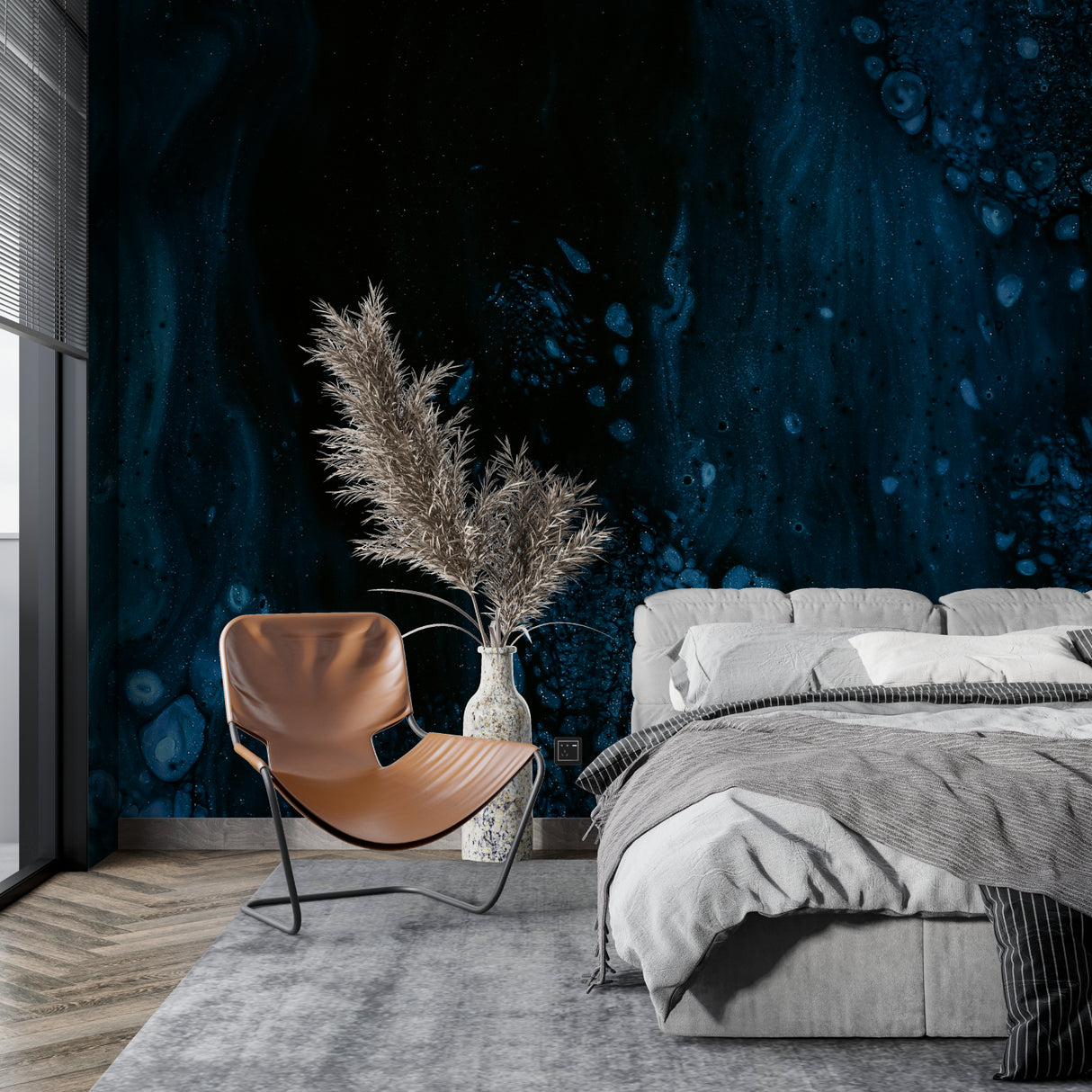 Galaxy wallpaper mural in modern bedroom creating a dreamy night sky atmosphere