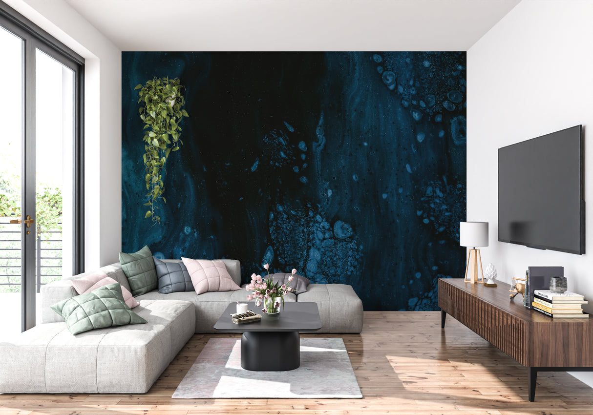 Night sky mural wallpaper in living room with modern furniture