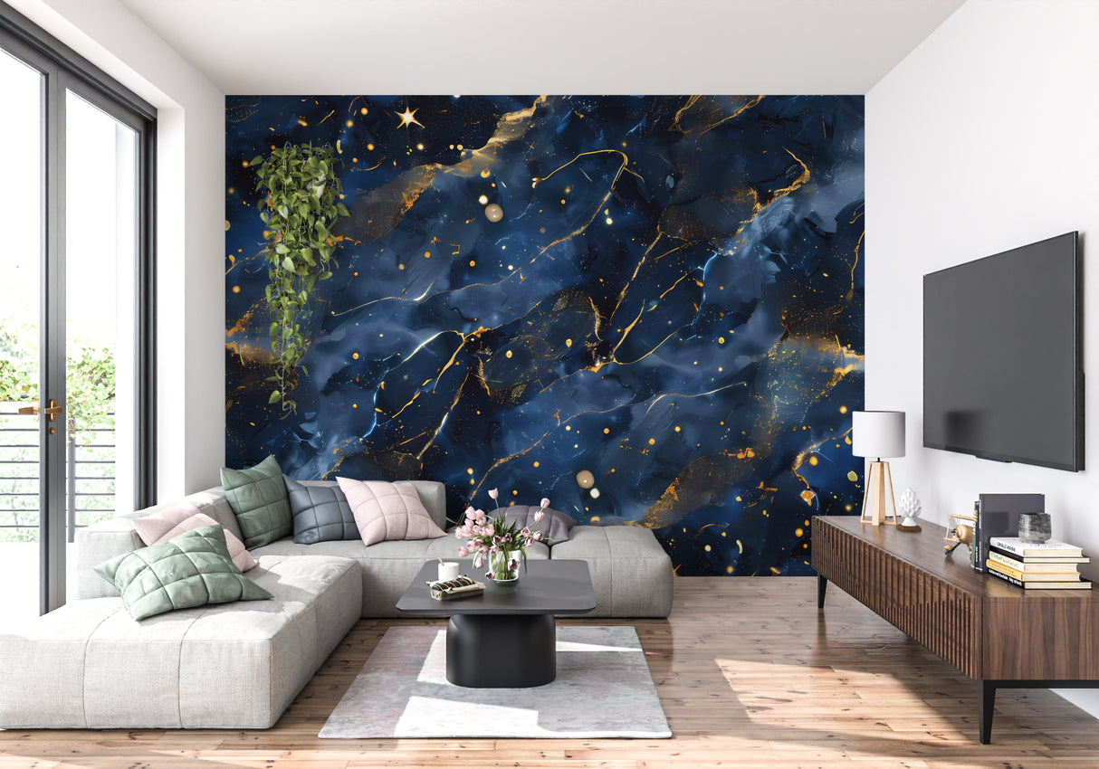 Galaxy wallpaper creating a stunning accent wall in modern living room with gold accents