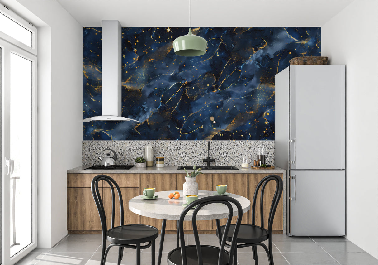 Celestial mural wallpaper in master bedroom showing deep blue and gold cosmic design