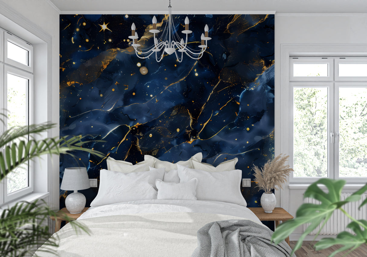 Galaxy wall mural in home office space with contemporary furniture