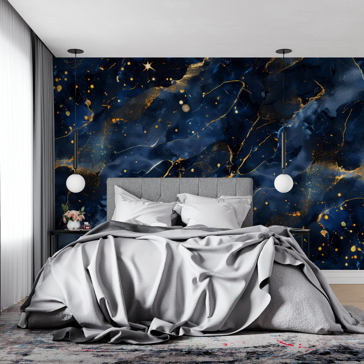 Blue and gold galaxy wallpaper creating luxury atmosphere in dining room