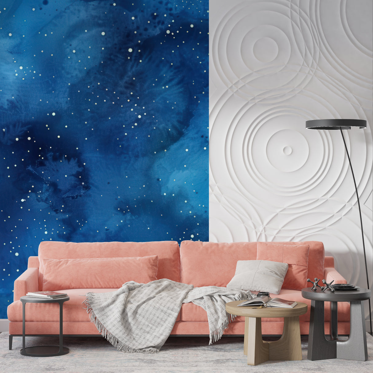 Galaxy wallpaper mural creating depth in modern living room with blue starlit night sky theme