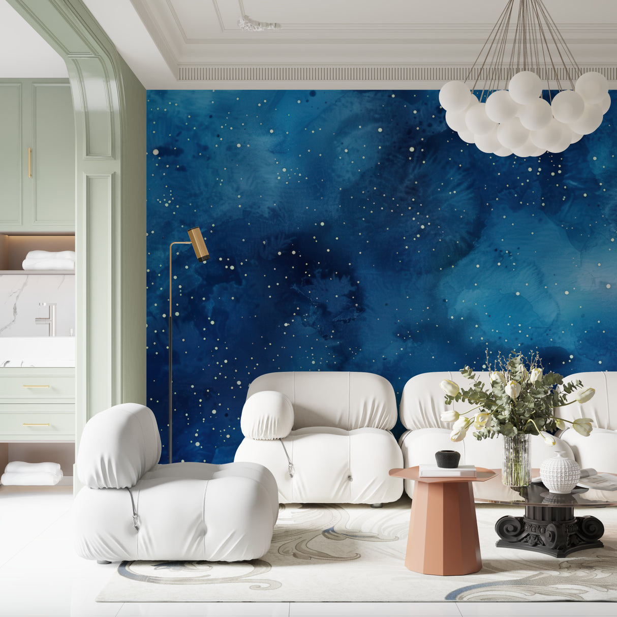 Starry night sky mural in cozy bedroom setting with soft lighting