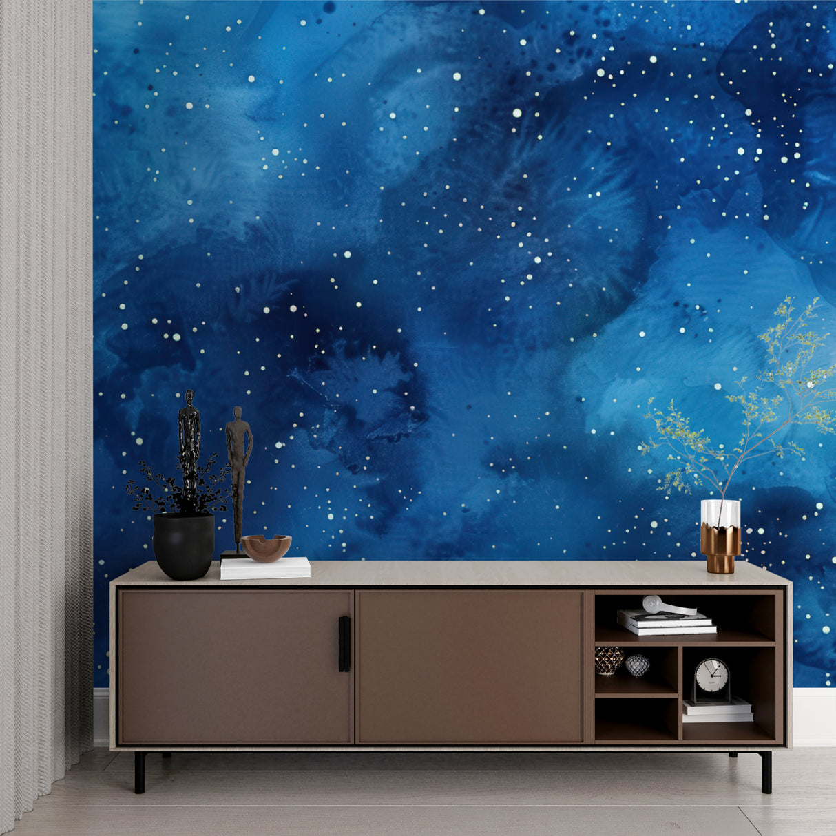 Deep blue galaxy wallpaper bringing cosmic wonder to home office space