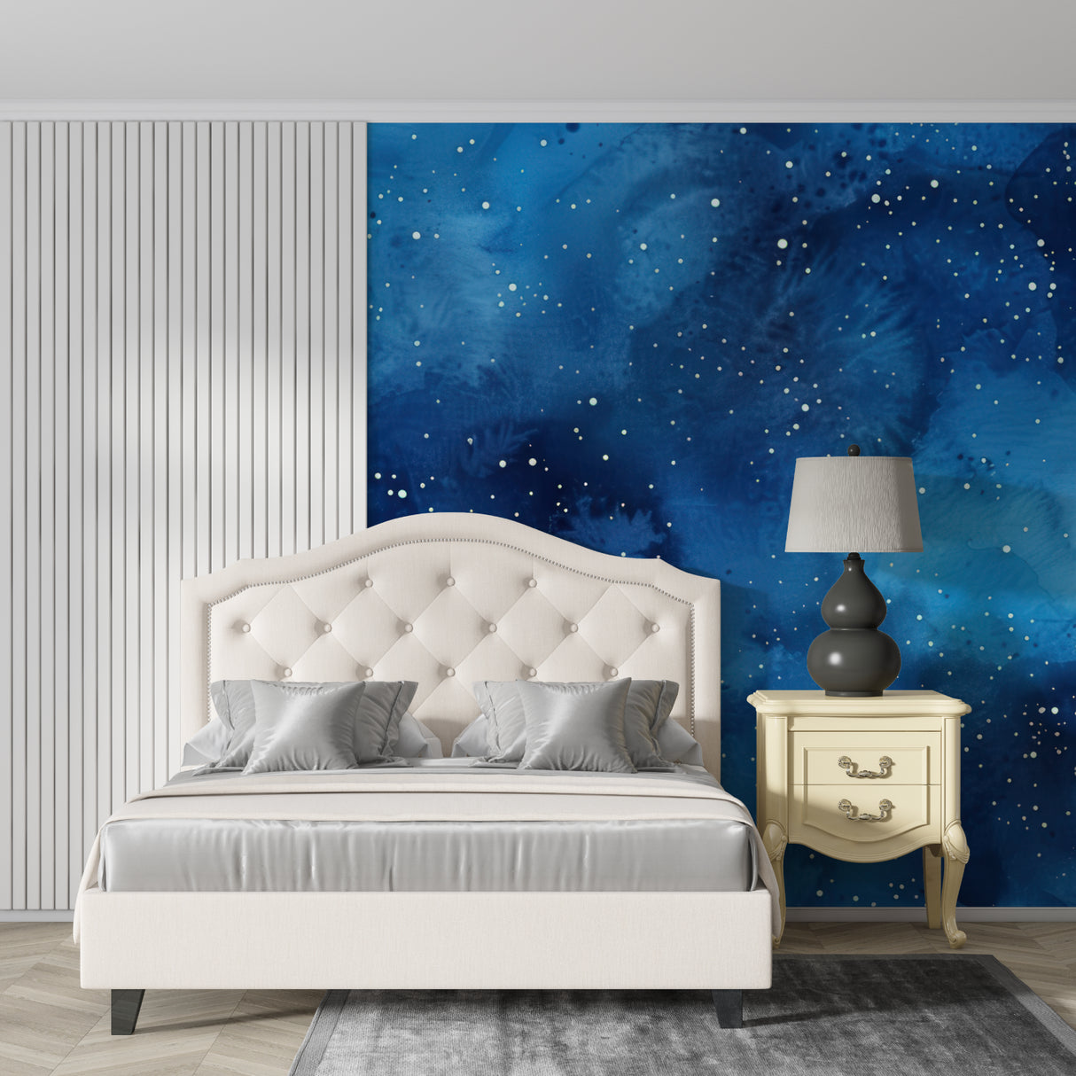 Night sky mural creating magical atmosphere in child's bedroom