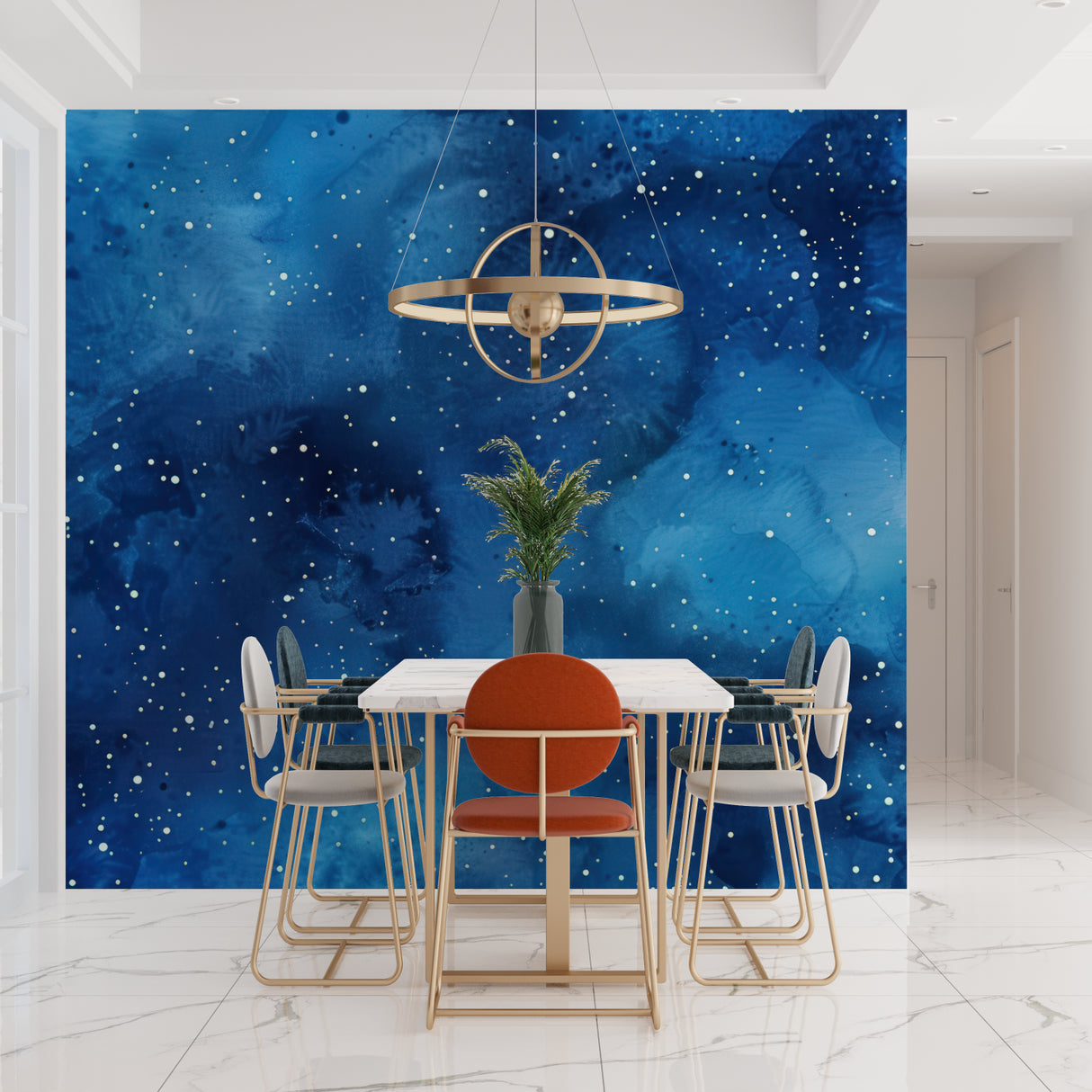 Galaxy wall mural showcasing star details in meditation room