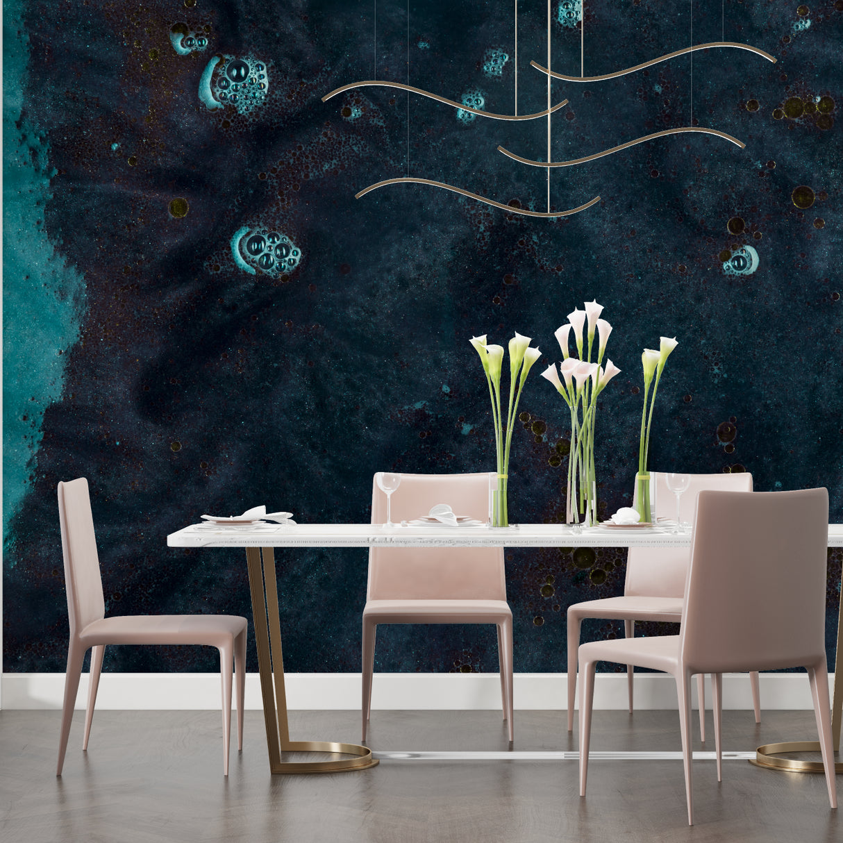 Galaxy wallpaper in modern bedroom creates dreamy night sky atmosphere with deep teal and golden accents