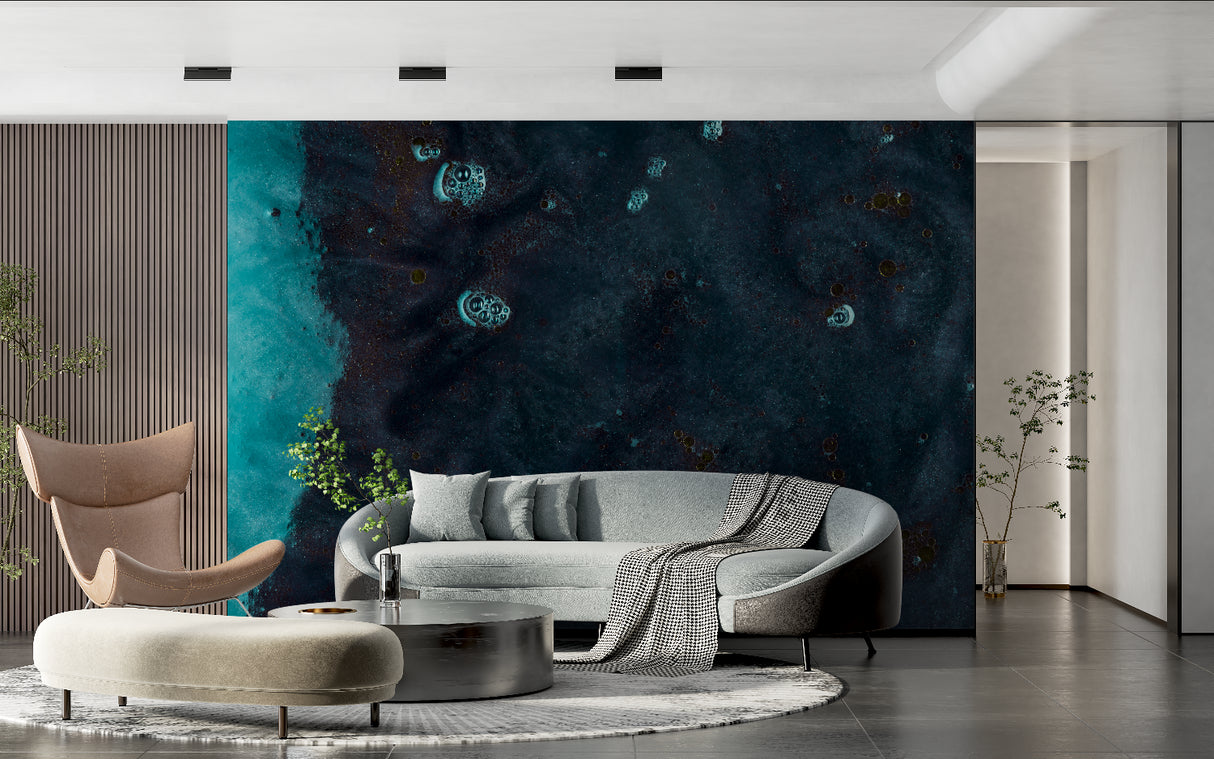Living room wall with celestial mural wallpaper showing deep space galaxy design