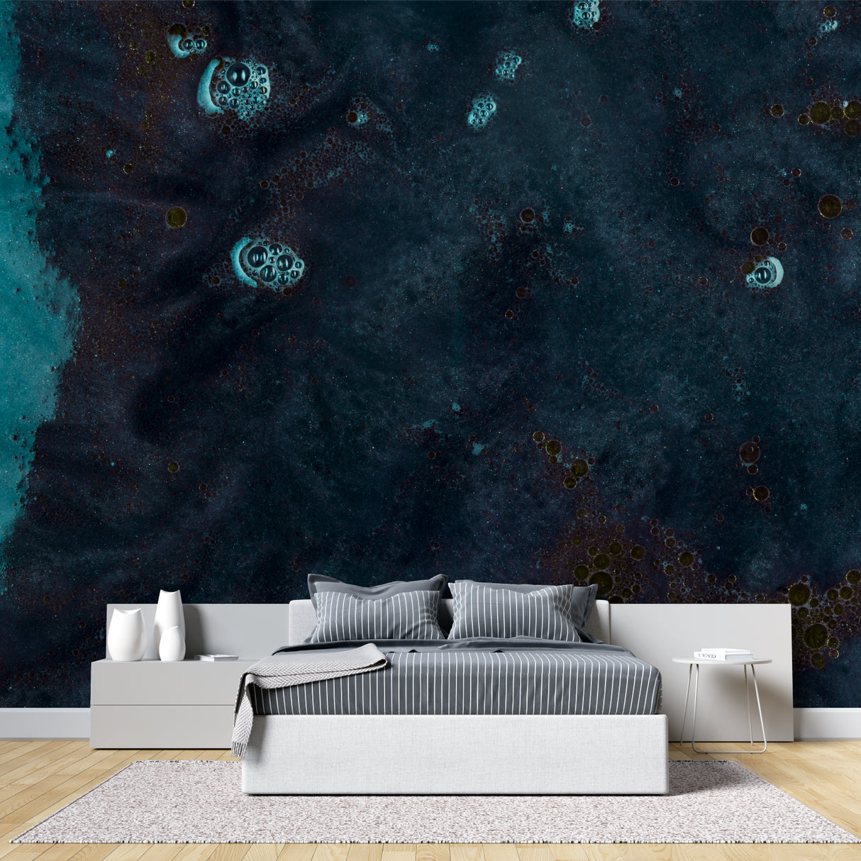 Teen bedroom with space-themed wallpaper creating cosmic atmosphere