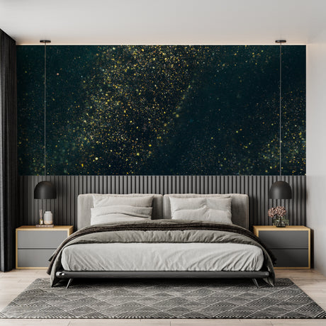 Galaxy wallpaper with golden stars creating a magical atmosphere in a modern bedroom