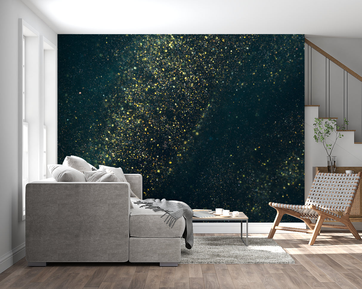 Star mural wallpaper transforming a home office with deep teal and gold accents