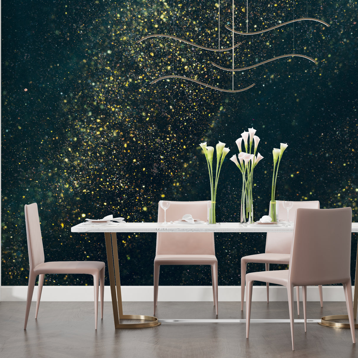 Night sky wallpaper adding depth to a cozy living room space