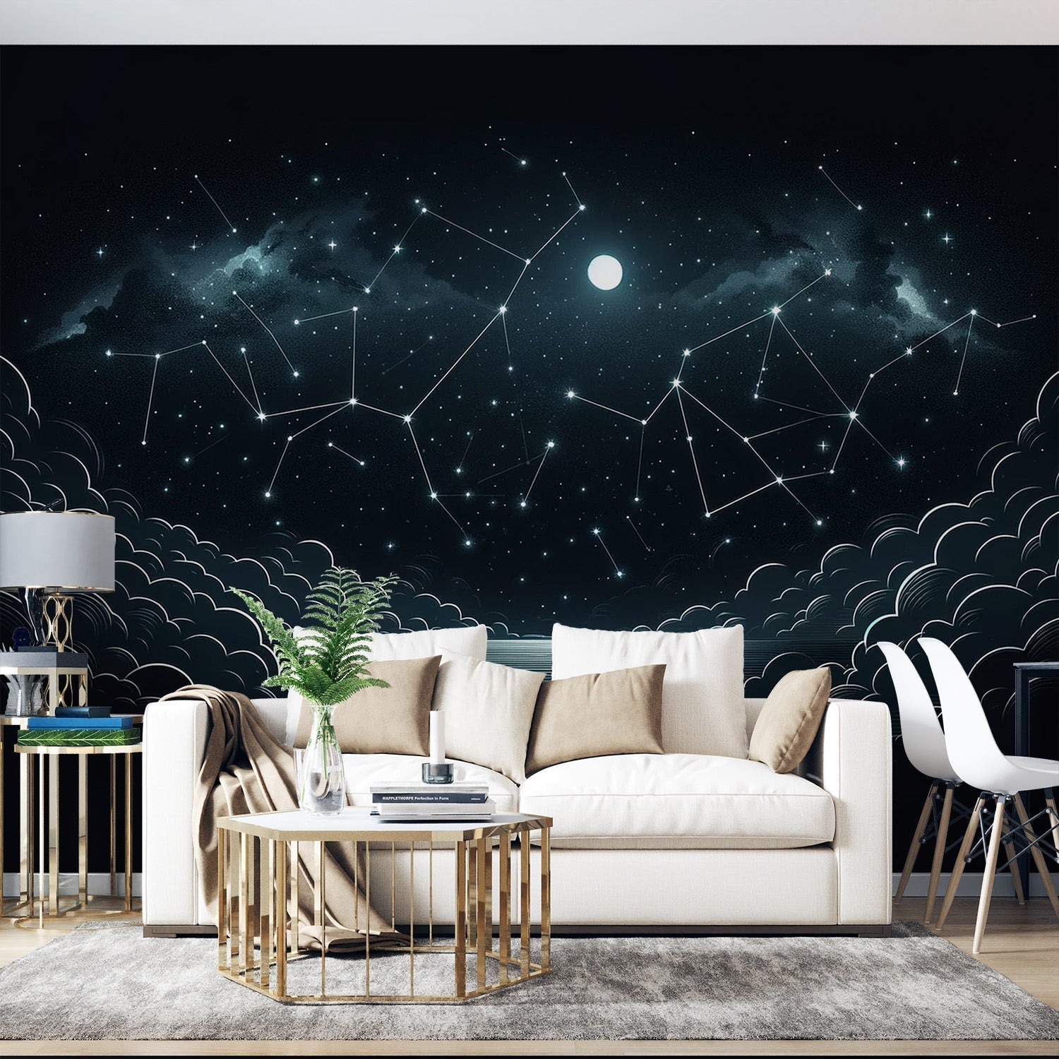 Galaxy wallpaper mural creating a cozy atmosphere in a modern bedroom, with stars and constellations casting a gentle glow