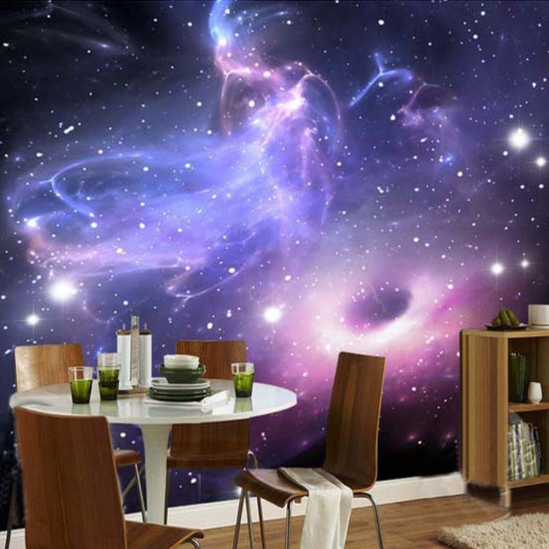Galaxy wall mural creating cosmic atmosphere in modern bedroom with purple nebula design and twinkling stars