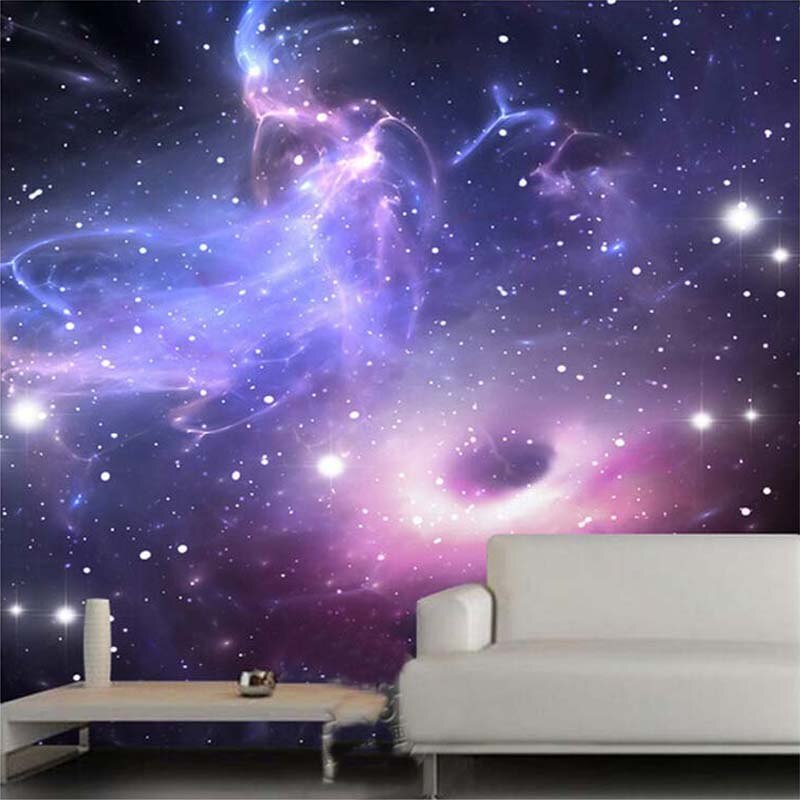 Space themed wallpaper transforming teen gaming room with purple cosmic nebula pattern