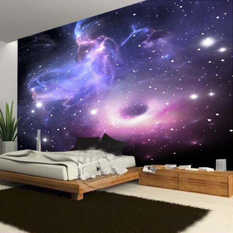 Galaxy nebula wallpaper adding depth to home office with stunning purple space design