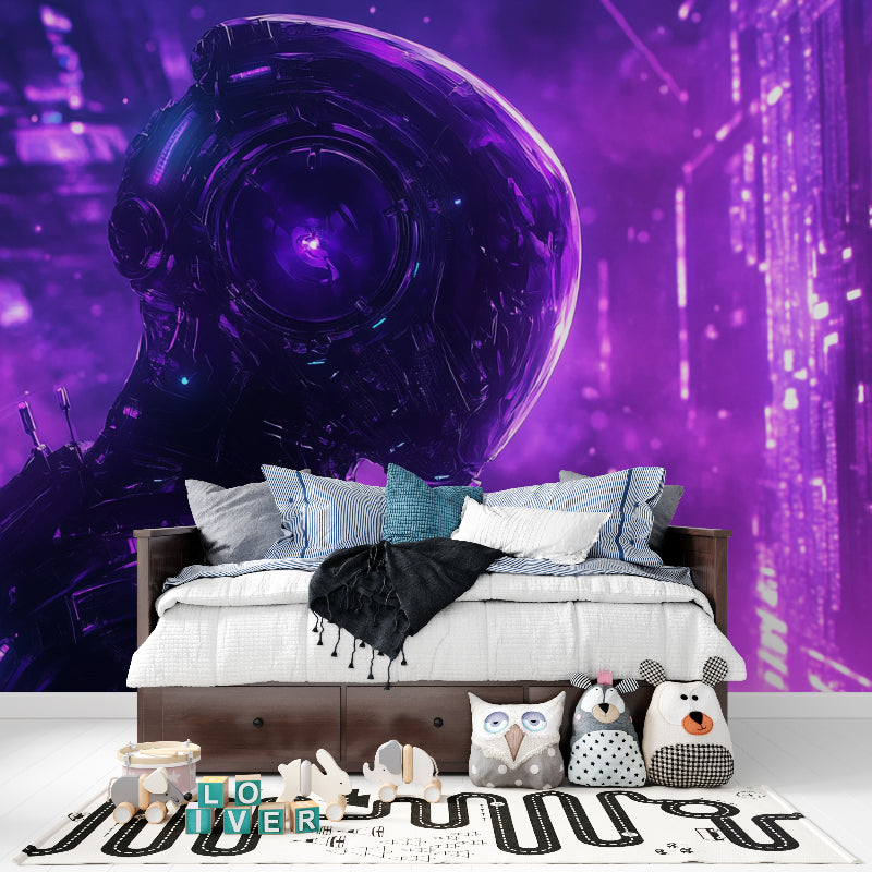 Purple gaming wallpaper creating depth in contemporary bedroom setup