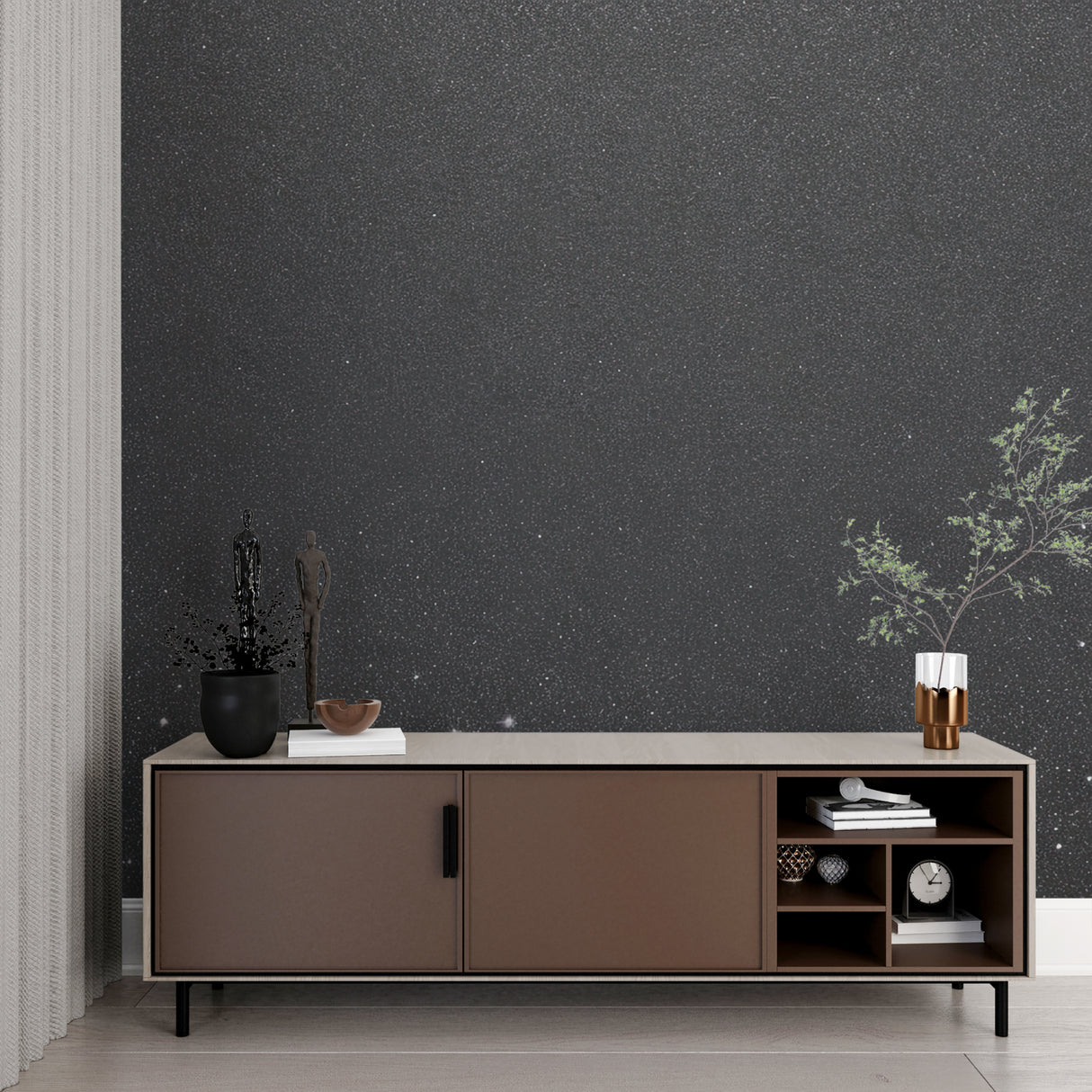 Dark grey galaxy wallpaper creating cozy atmosphere in living room