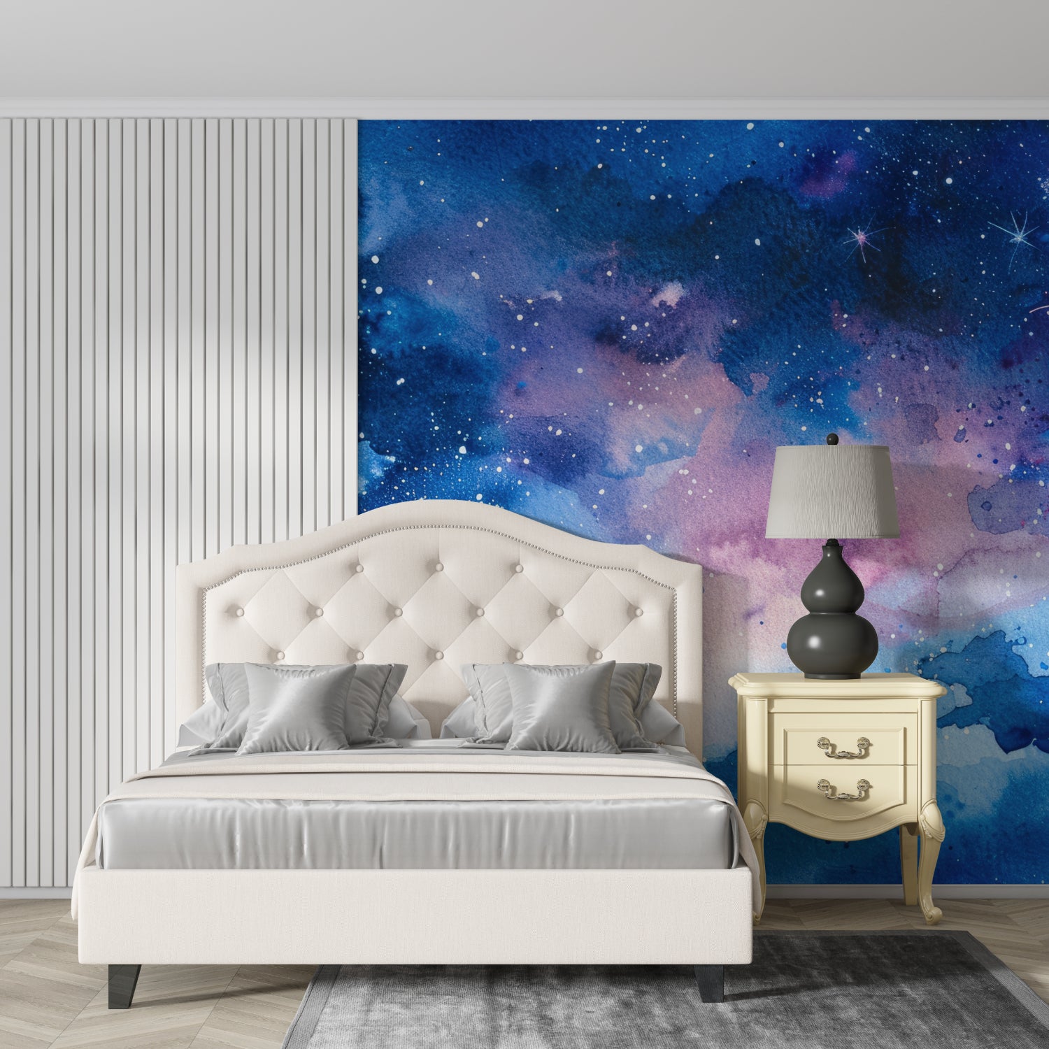 Cosmic wallpaper featuring stars and nebulas in cozy living room setting