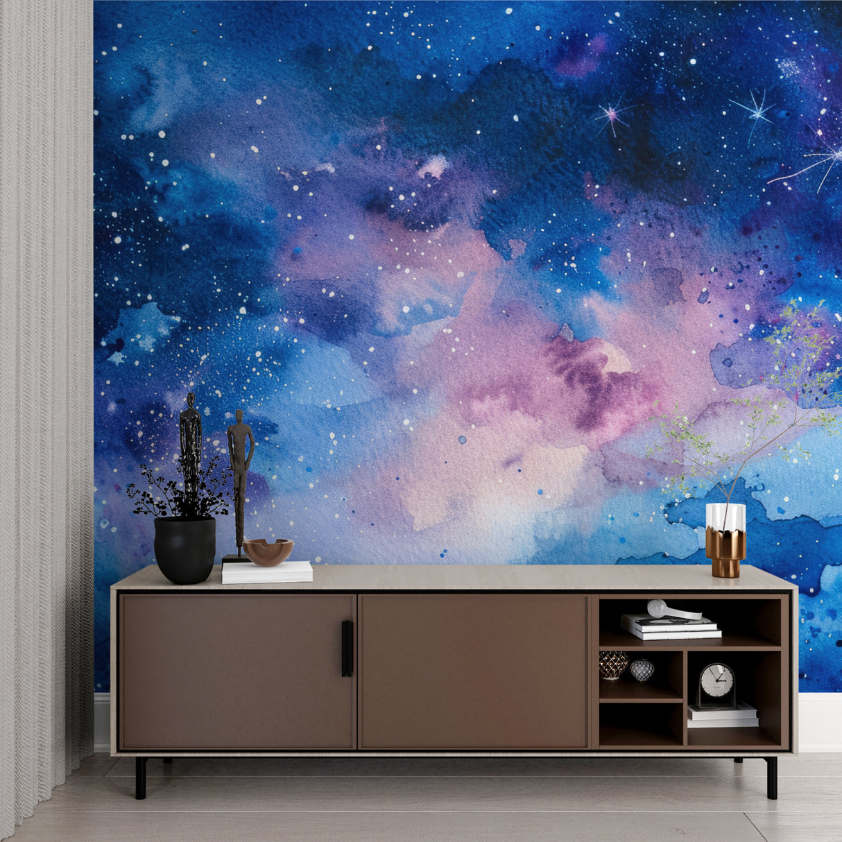 Night sky mural wallpaper showcased in children's bedroom with soft lighting
