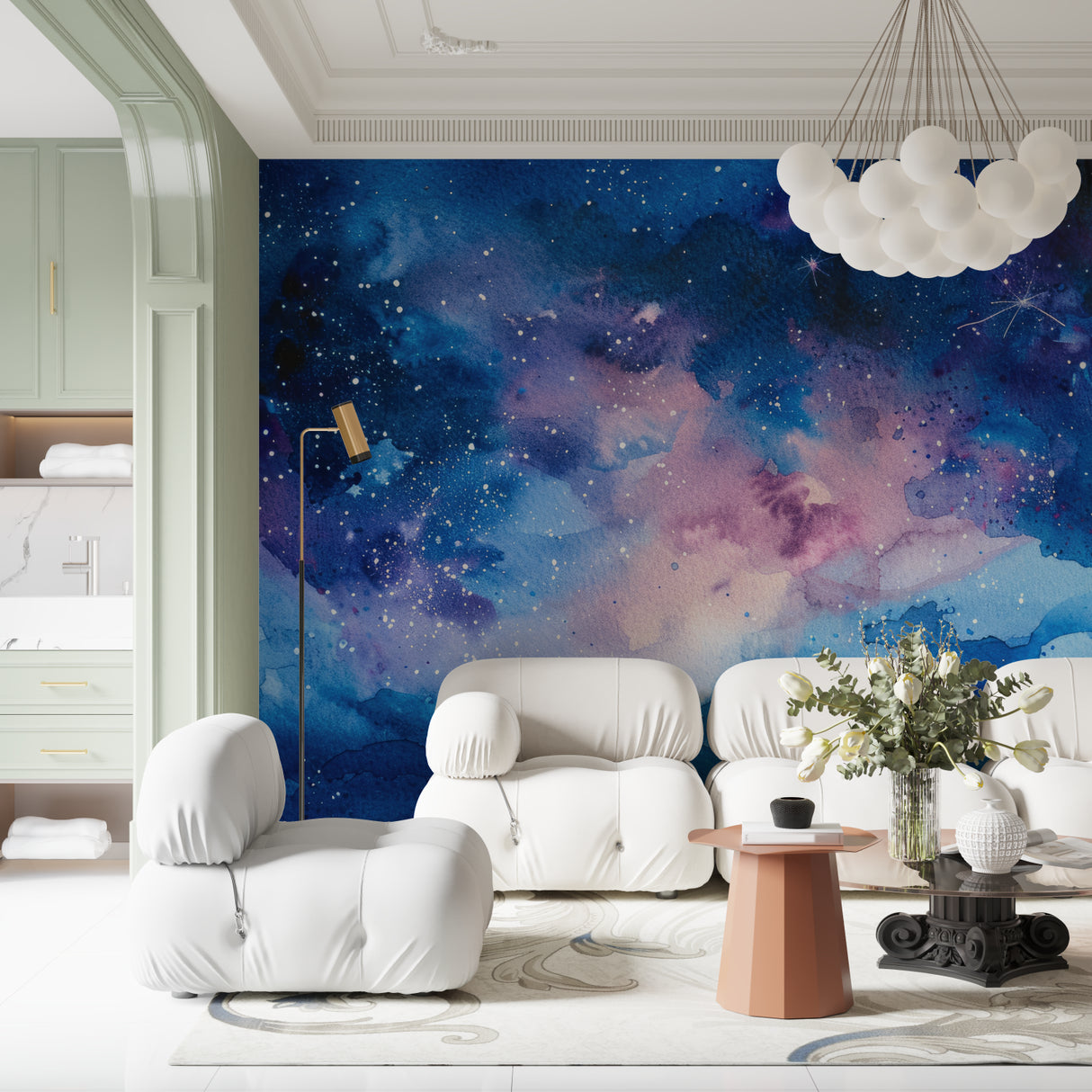 Celestial wallpaper creating depth in meditation room with starry night theme