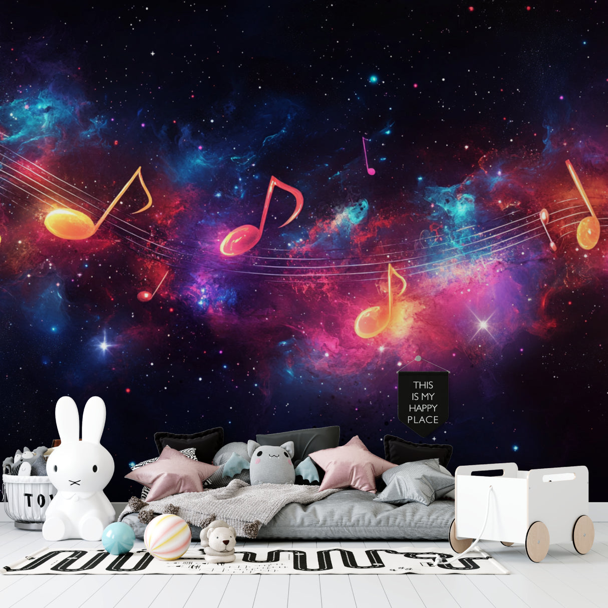Galaxy music wallpaper bringing cosmic charm to a modern music studio with floating musical notes