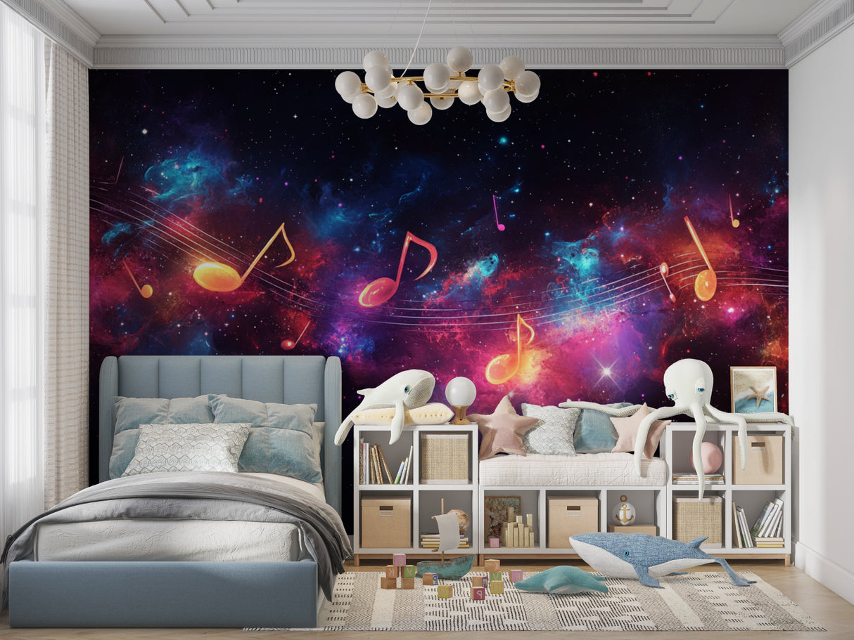 Space themed music wallpaper creating magic in a teenager's bedroom with purple galaxy swirls