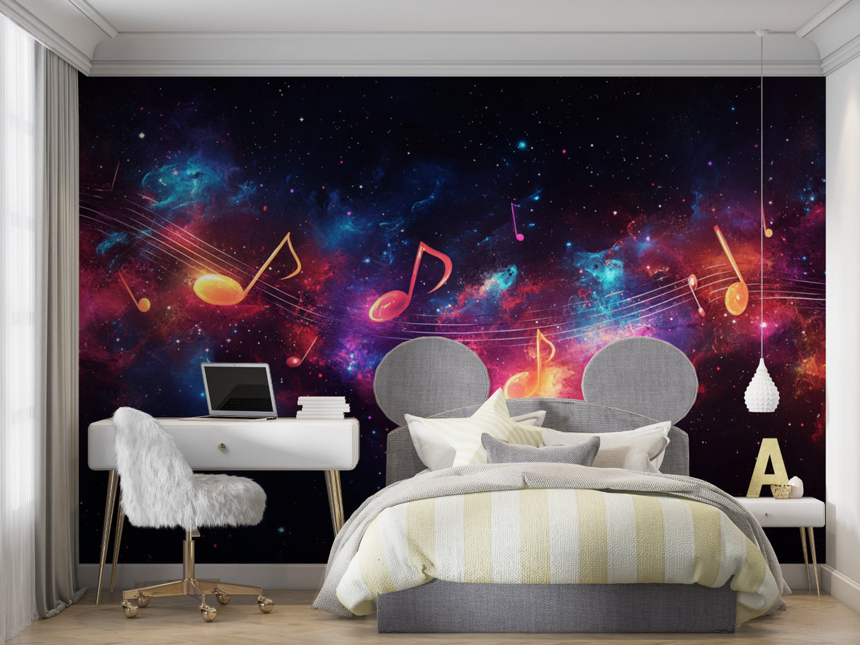Musical galaxy wallpaper transforming a living room wall with cosmic notes and stars