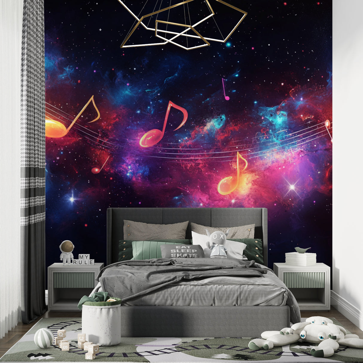 Cosmic music note wallpaper adding depth to a home music room with golden accents