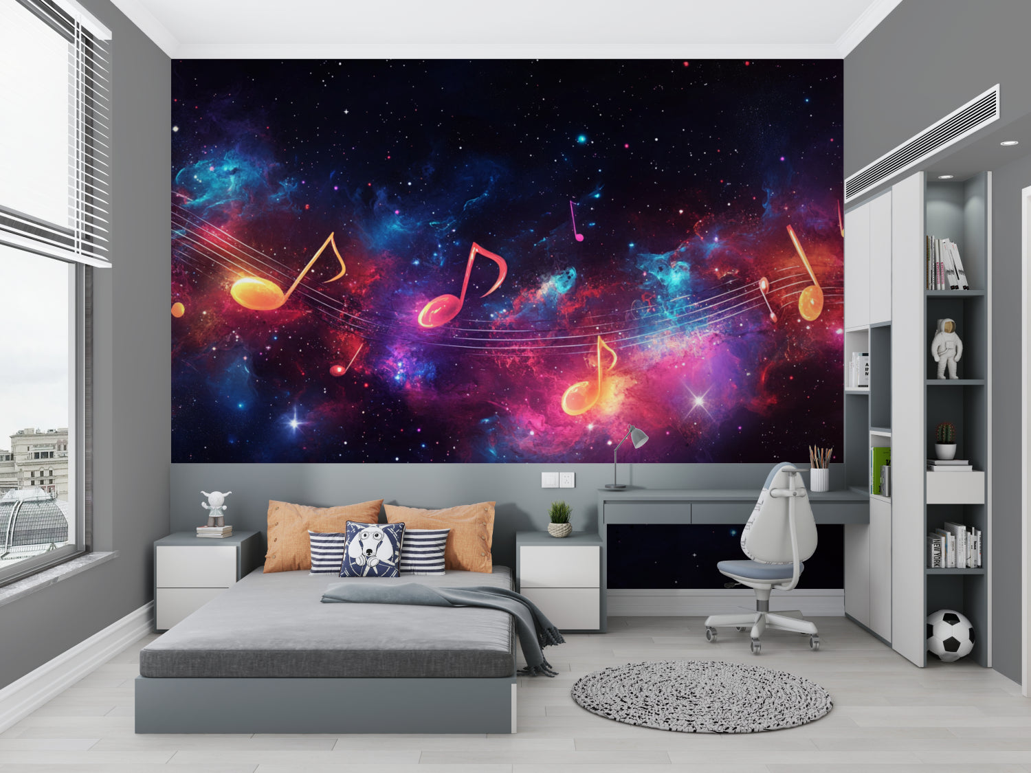 Space music wallpaper bringing life to a practice room with dancing musical notes