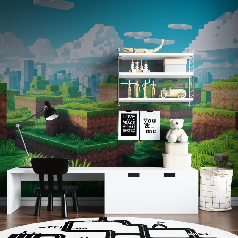 Modern room interior with a pixelated wall mural, white desk, and decorative items.