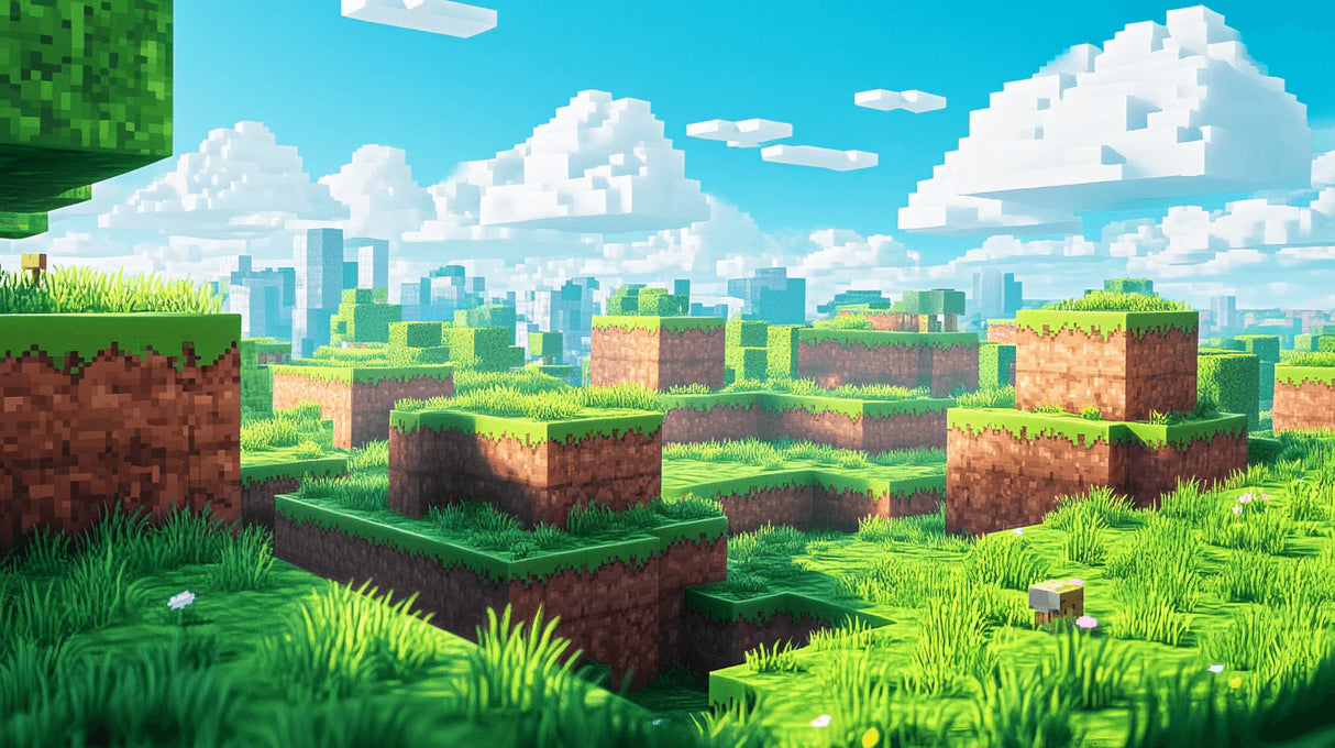 Minecraft Pixelated landscape with grass blocks and a city skyline in the distance