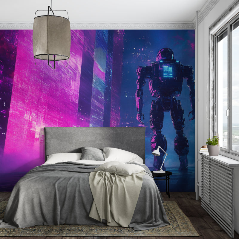 Gaming room with Futuristic Robot Mural Wallpaper, RGB setup and gaming chair showing perfect gaming atmosphere