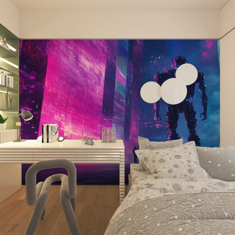 Teen bedroom featuring Neon City Gaming Wallpaper with LED strip lighting enhancing the cyberpunk effect