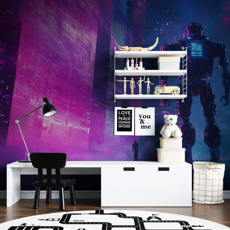 Entertainment room with Robot Gaming Wallpaper creating an immersive sci-fi atmosphere