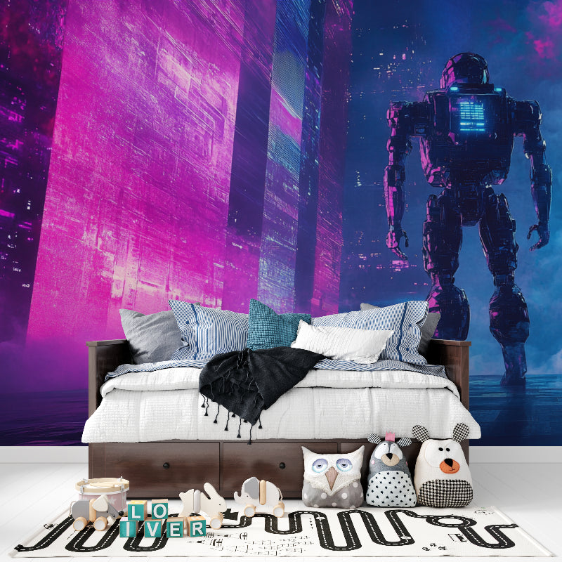 Modern gaming setup with Cyberpunk Robot Wallpaper making a perfect streaming background