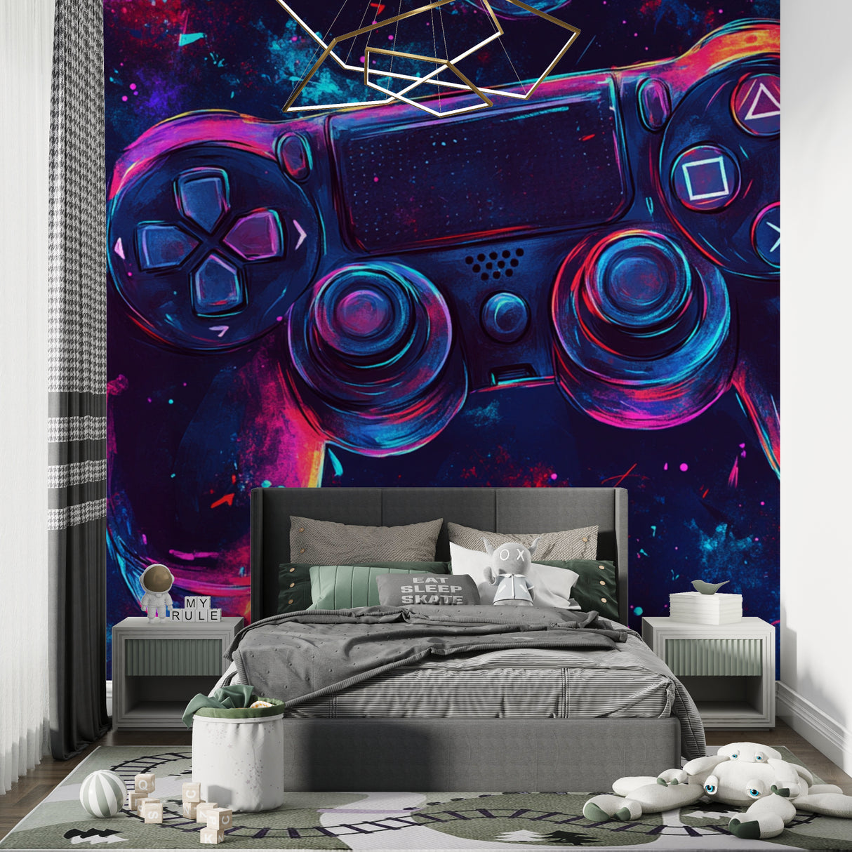 Gaming room wallpaper with neon controller design shown in modern teen bedroom with LED lighting setup