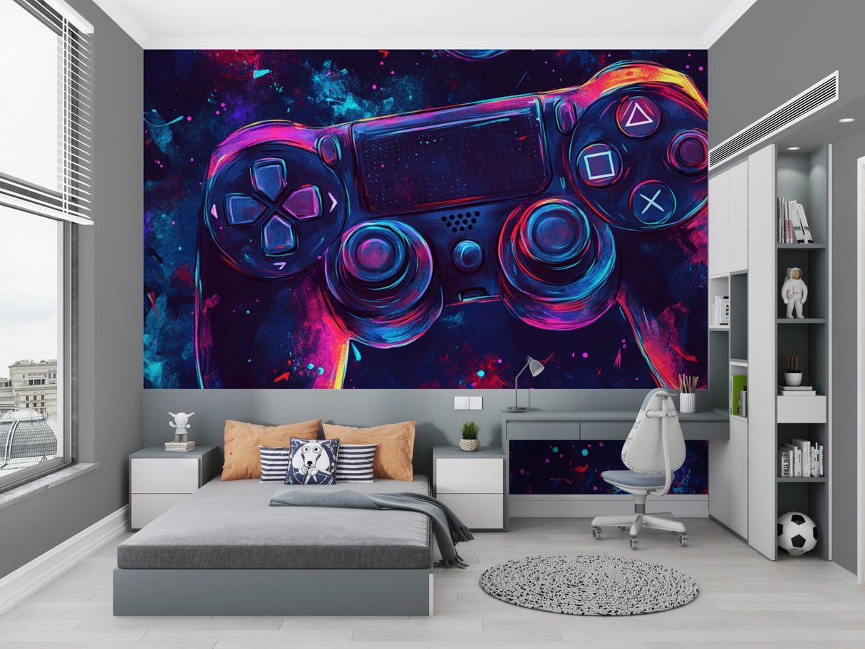 Neon gaming wallpaper creating atmosphere in streamers room with gaming setup