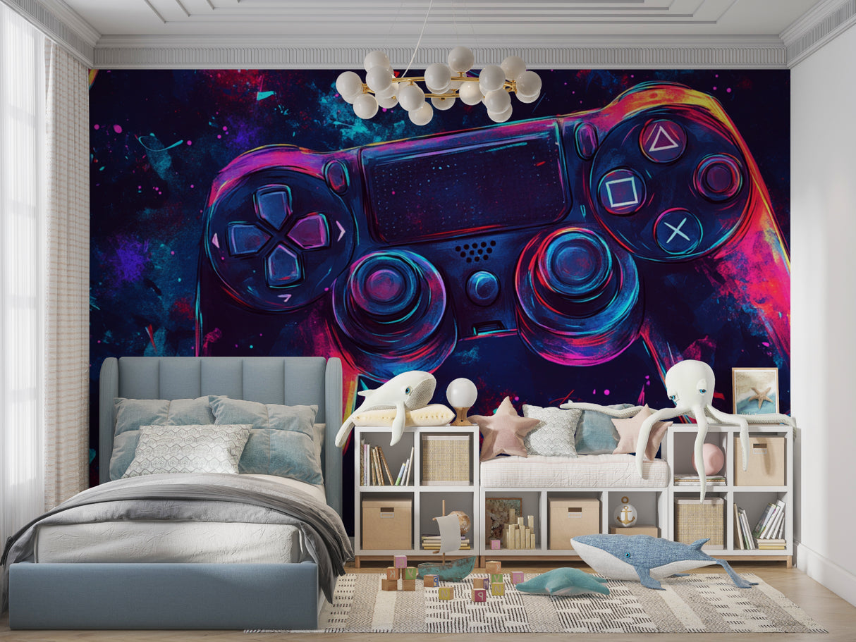 Gamer wall mural displayed in modern home office with gaming station