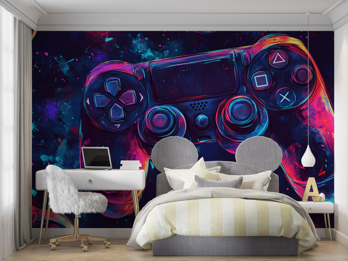 Gaming controller wallpaper featured in basement gaming lounge