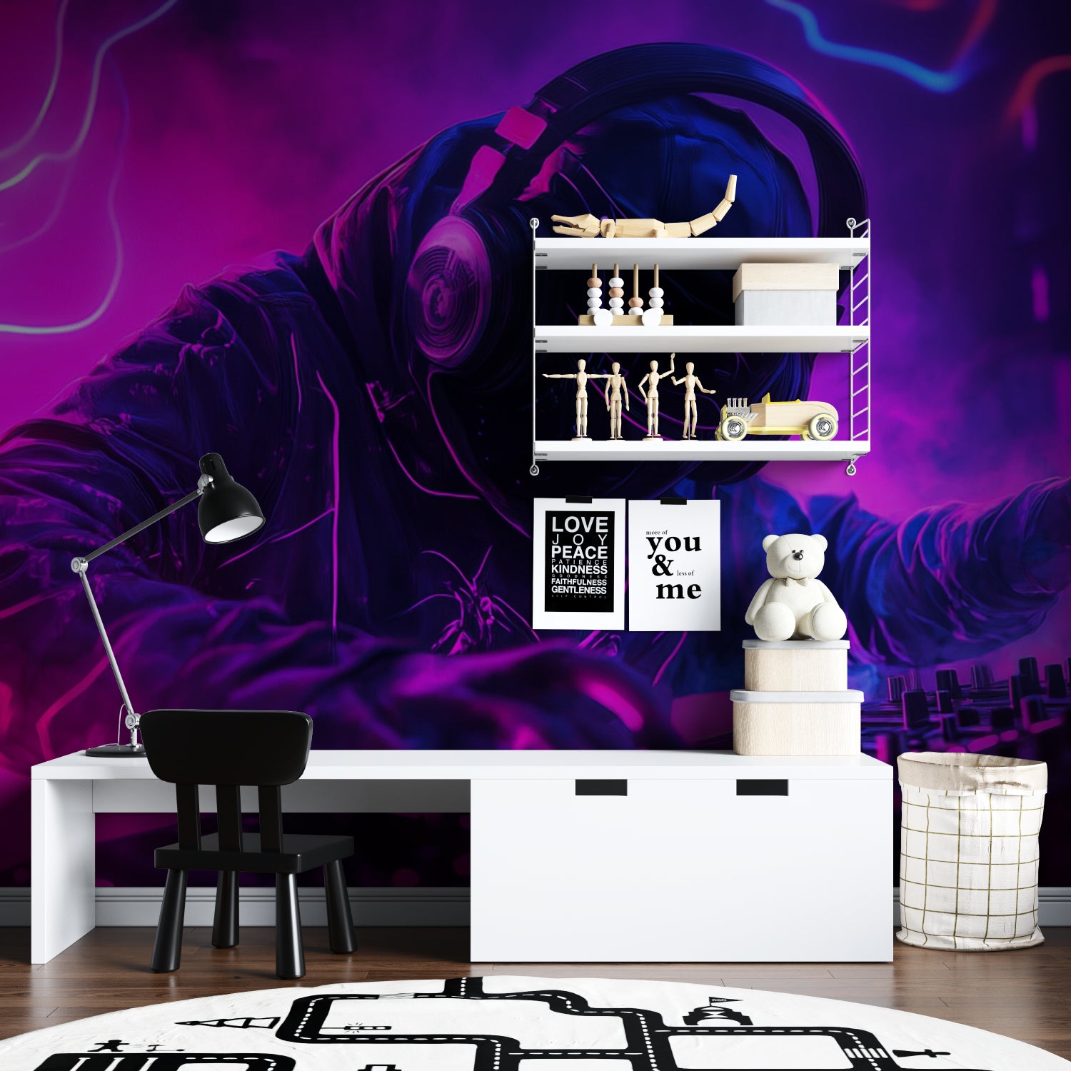 Gaming room wallpaper with neon DJ headset design shown in modern gaming setup with RGB lighting