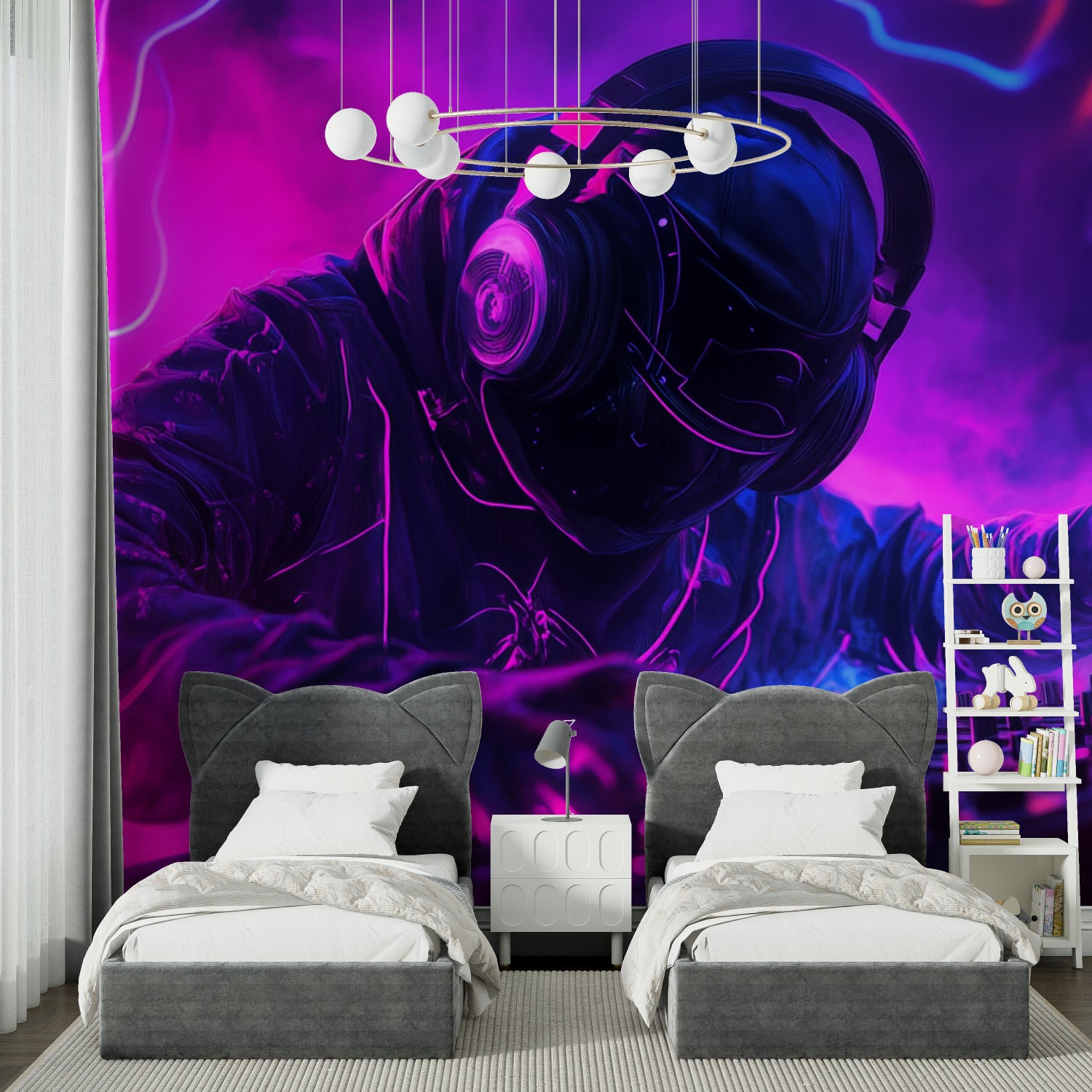 Neon DJ headset gaming wallpaper featured in esports lounge setting