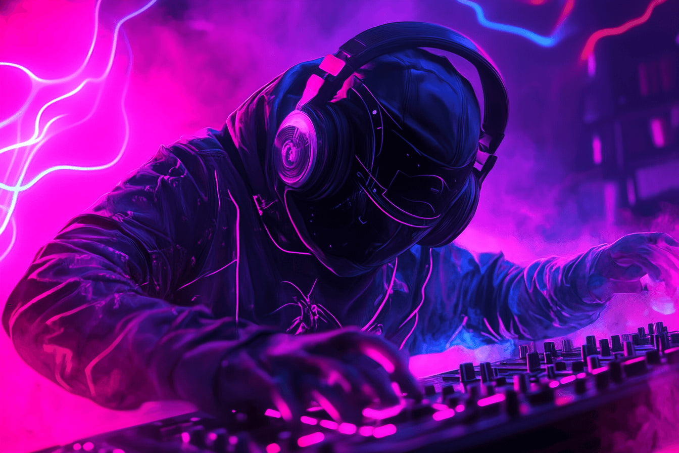 Design file of neon DJ headset gaming wallpaper showing vibrant colors and detailed pattern