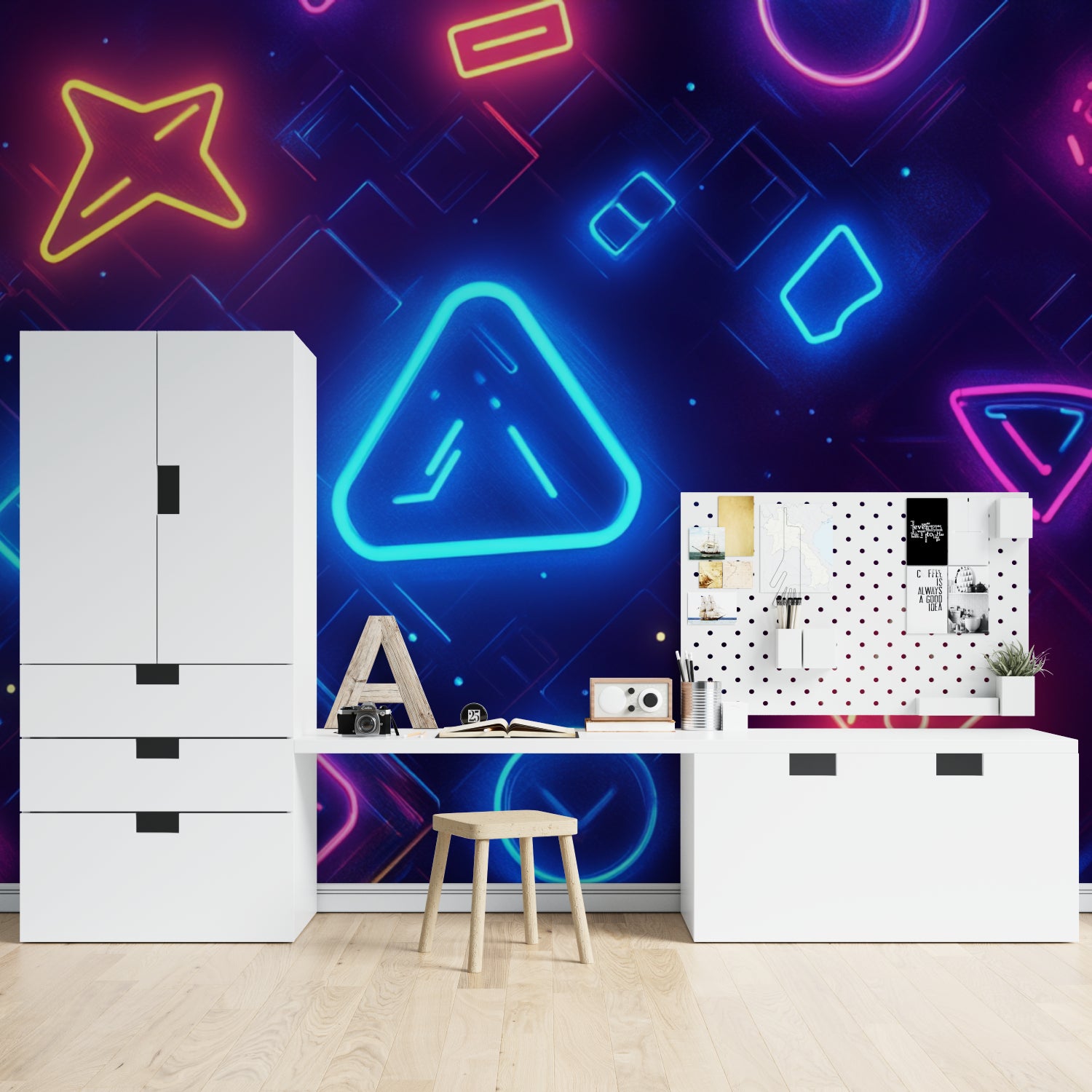 Entertainment room showcasing neon gaming wall mural in action