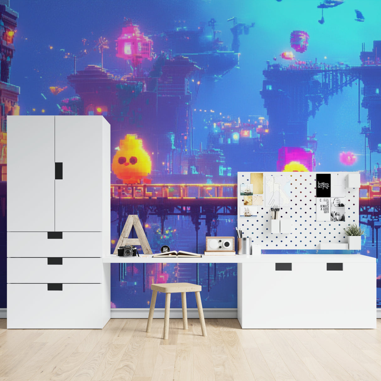 Studio apartment with Gaming Cityscape wallpaper creating depth and atmosphere